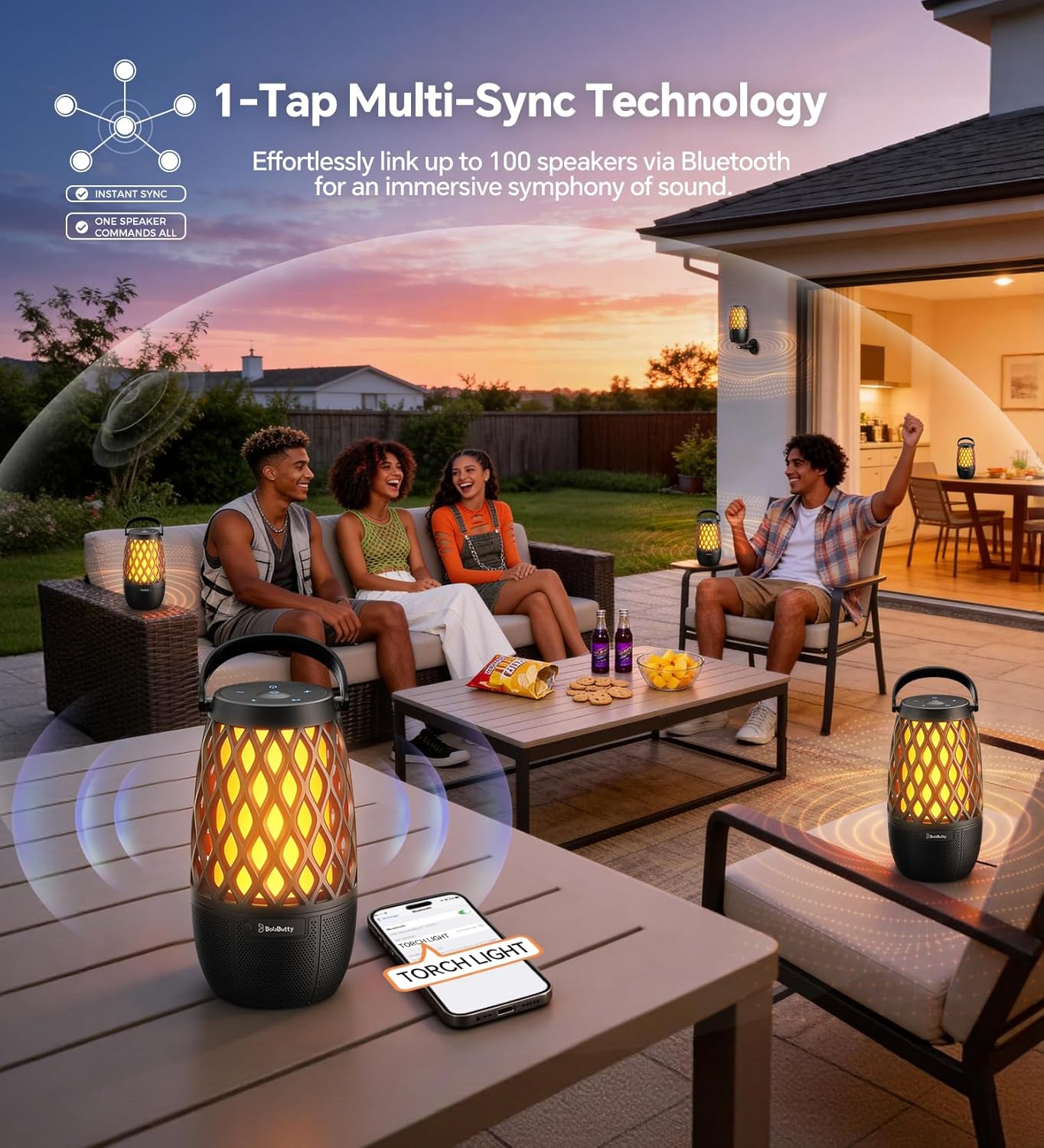 Outdoor Speakers Gifts for Men Bluetooth Speaker with Lights Multi-Sync up to 100 Speakers Auto-Pairing HD Stereo Sound Cool Stuff House Warming Gifts IPX5 Waterproof Lantern for Home|Patio|Pool|Yard